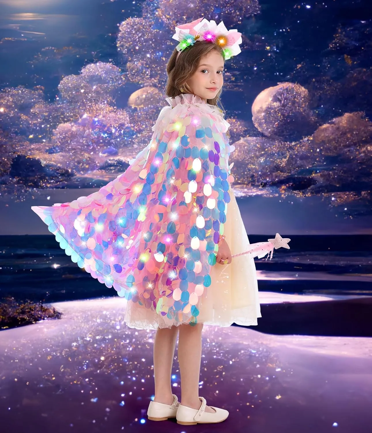 Mermaid Toys Princess Dress Up for Girls 4-6 Light Up Princess Cape Gift Set 9 PCS for Little Girls 3-8 Years Old Halloween Birthday Christmas (Pink)