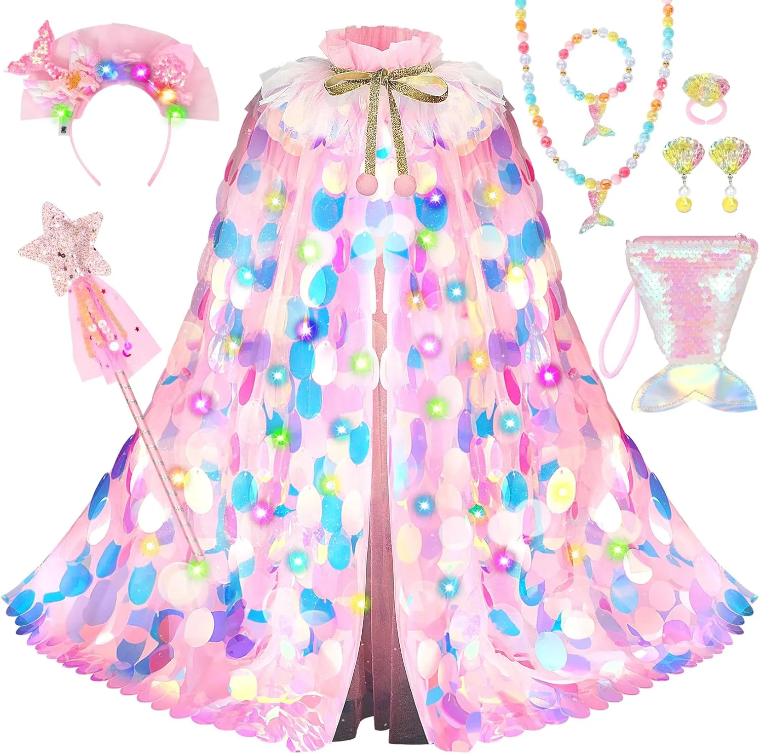Mermaid Toys Princess Dress Up for Girls 4-6 Light Up Princess Cape Gift Set 9 PCS for Little Girls 3-8 Years Old Halloween Birthday Christmas (Pink)