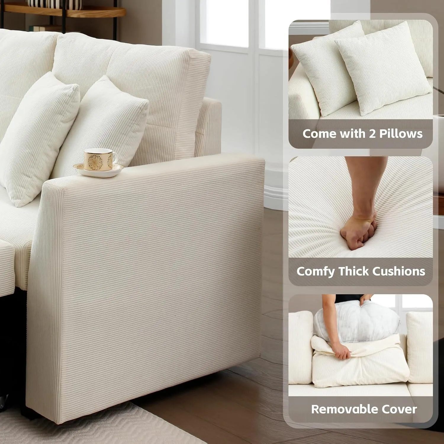 mestyl Convertible Pull Out Sleeper Sofa Bed with Reversible Storage Chaise, L Shaped Sectional Couch Bed with 2 Pillows, Comfy Pullout Couches Bed for Living Room, Apartment, Corduroy, White, MT003