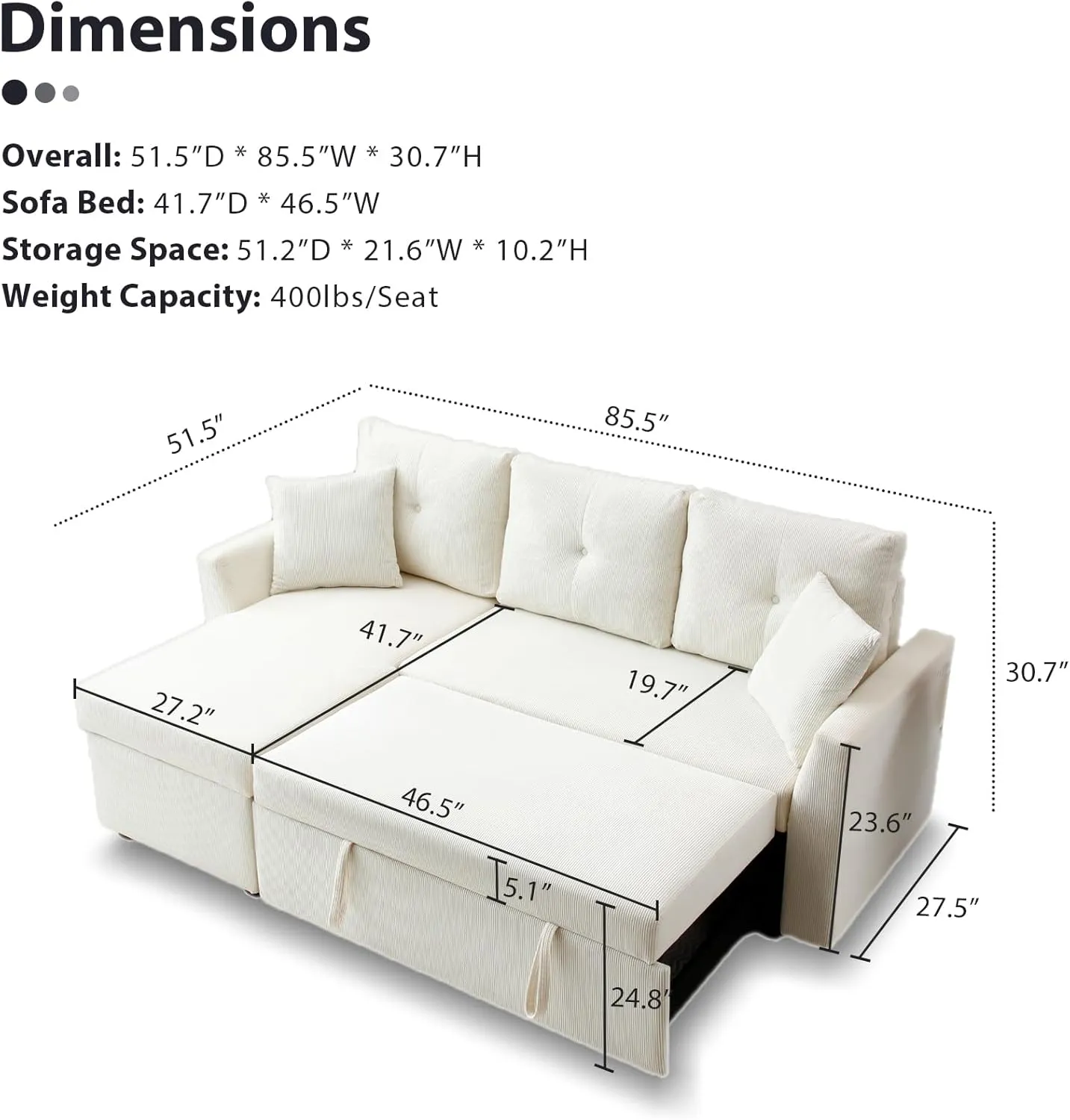 mestyl Convertible Pull Out Sleeper Sofa Bed with Reversible Storage Chaise, L Shaped Sectional Couch Bed with 2 Pillows, Comfy Pullout Couches Bed for Living Room, Apartment, Corduroy, White, MT003