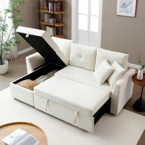 mestyl Convertible Pull Out Sleeper Sofa Bed with Reversible Storage Chaise, L Shaped Sectional Couch Bed with 2 Pillows, Comfy Pullout Couches Bed for Living Room, Apartment, Corduroy, White, MT003