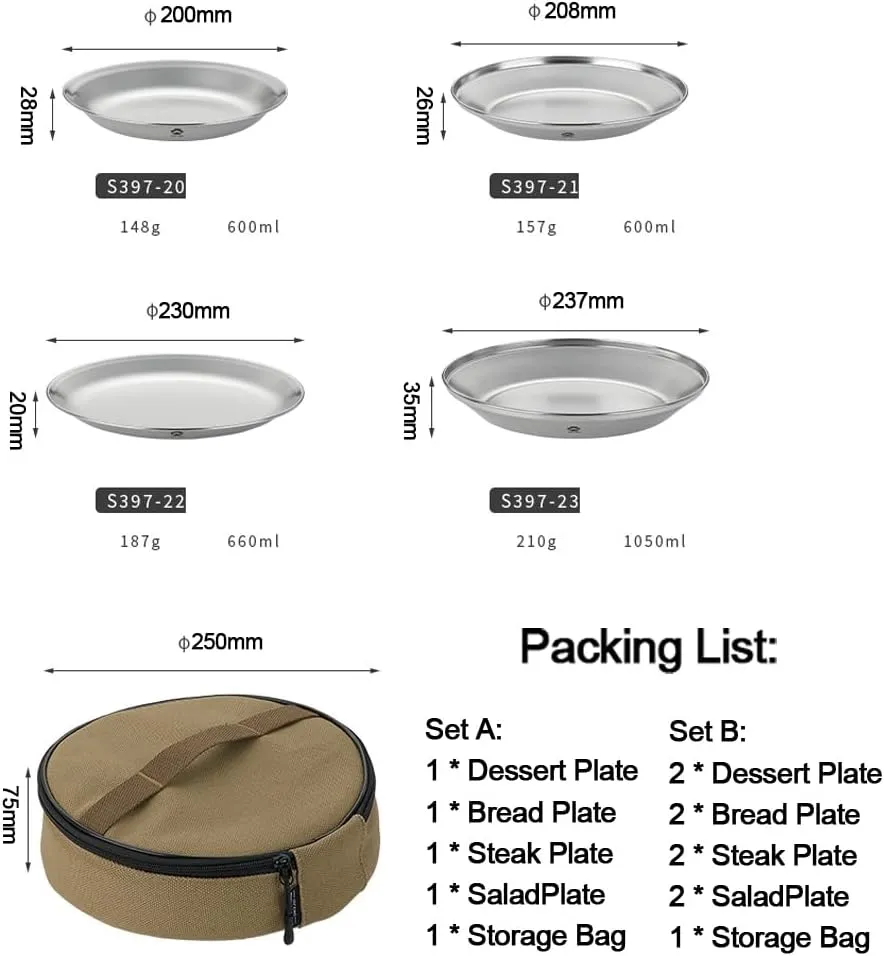 Metal Saucer, Stainless Steel Plate Stainless Steel Plate Fruit Dish Camping Dishes Set Metal Saucer Outdoor Tableware Kit Picnic Plates Portable Dishes with Storage Bag