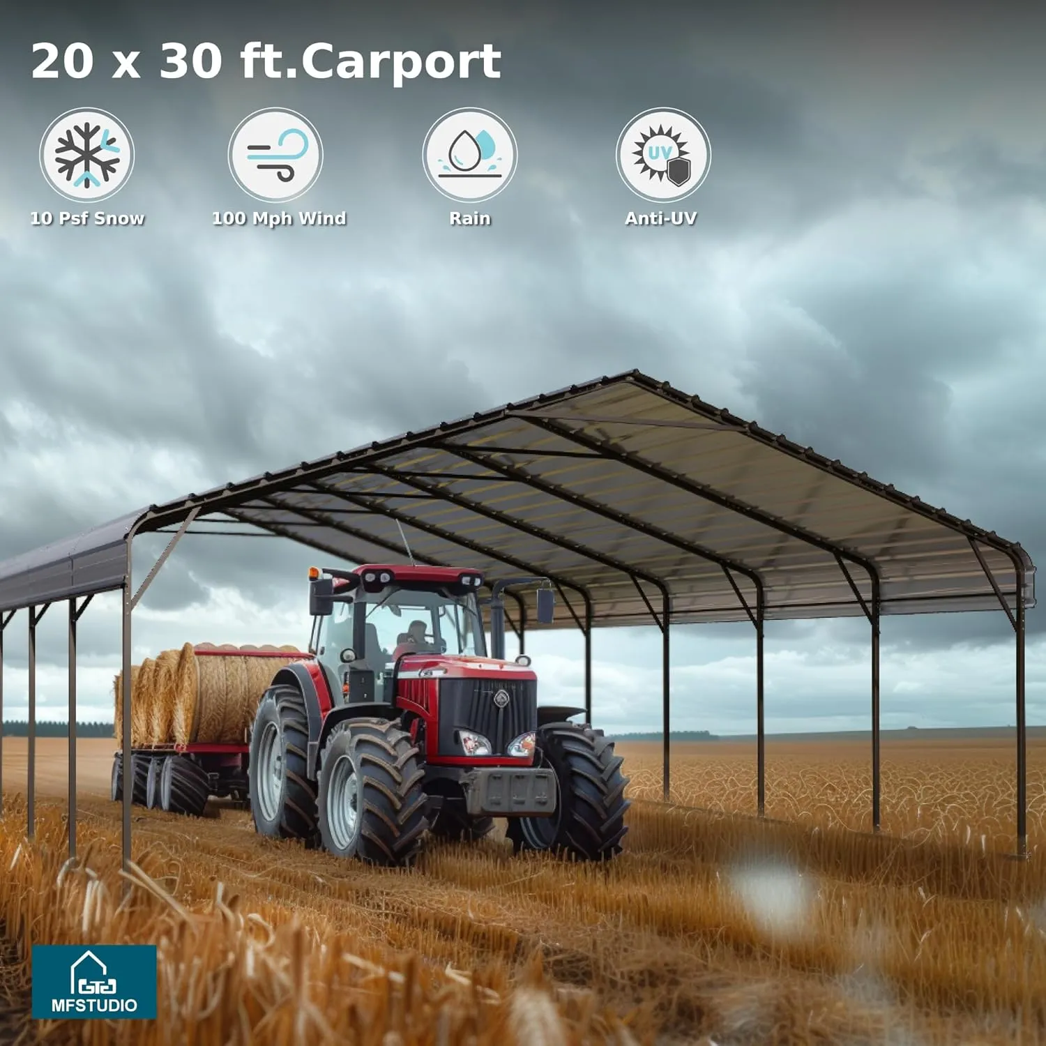 MFSTUDIO Carport 20x30 ft, Outdoor Heavy Duty Carports with Sidewalls, Metal Shed Canopy Shelters Garage Shelter Shade Car Ports with Galvanized Roof for 3 Cars, Truck and Boats
