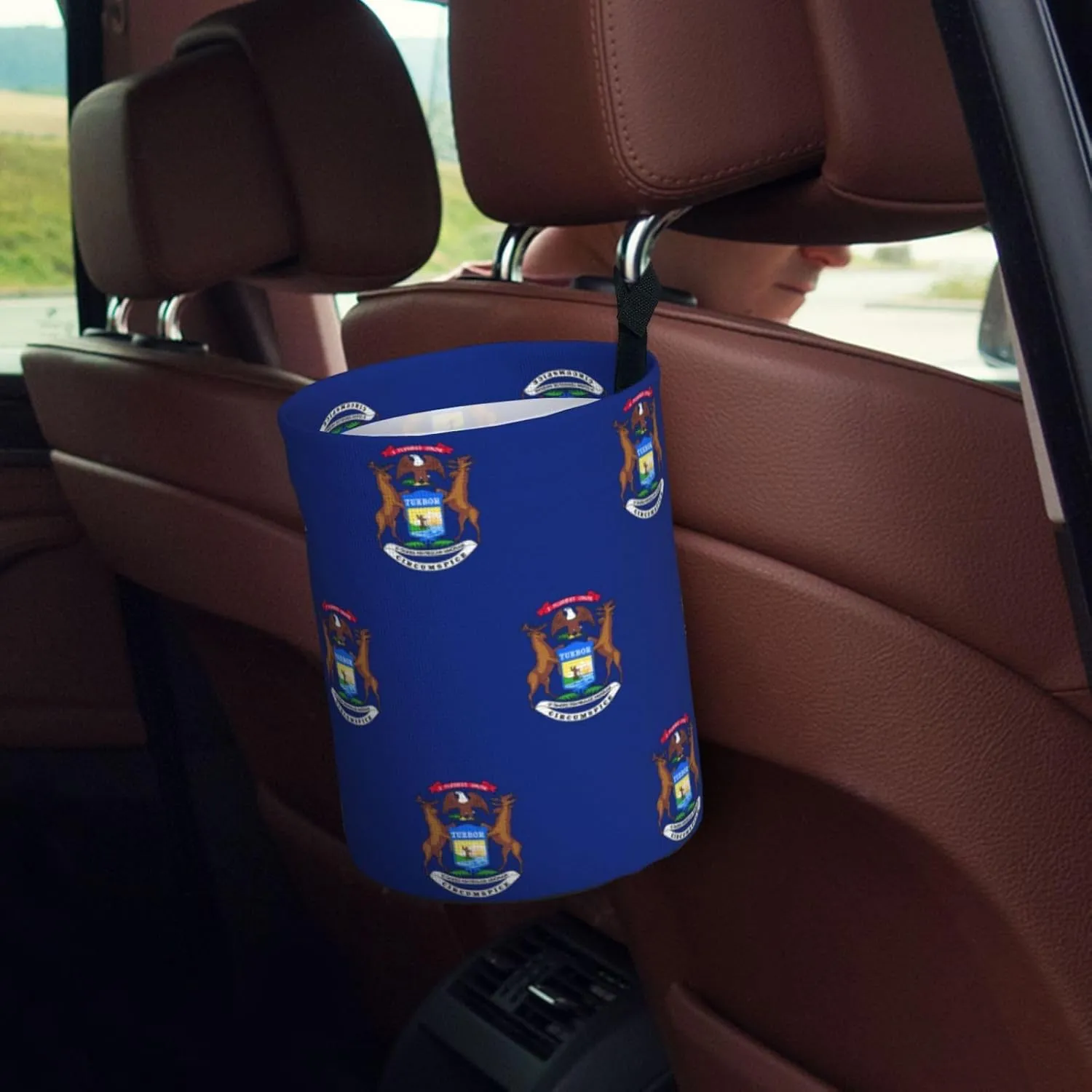 Michigan State Flag Car Trash Can Bag Hanging Storage Pockets Leak-Proof Organizer for Camping and Adventures