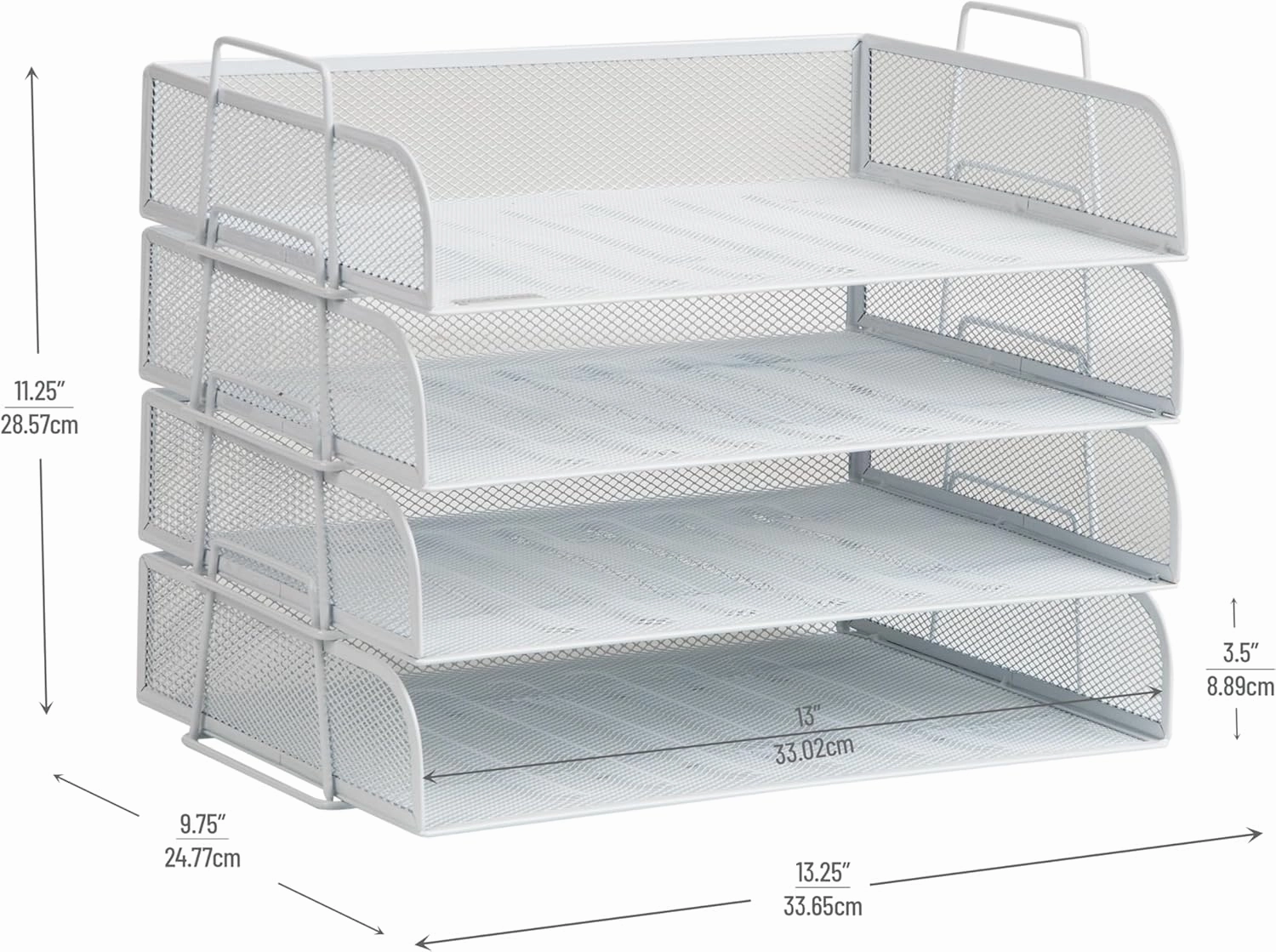 Mind Reader Stackable Paper Tray, Desktop Organizer, File Storage, Office, Metal Mesh, 14" L x 9.75" W x 11.25" H, 4 Pcs., White