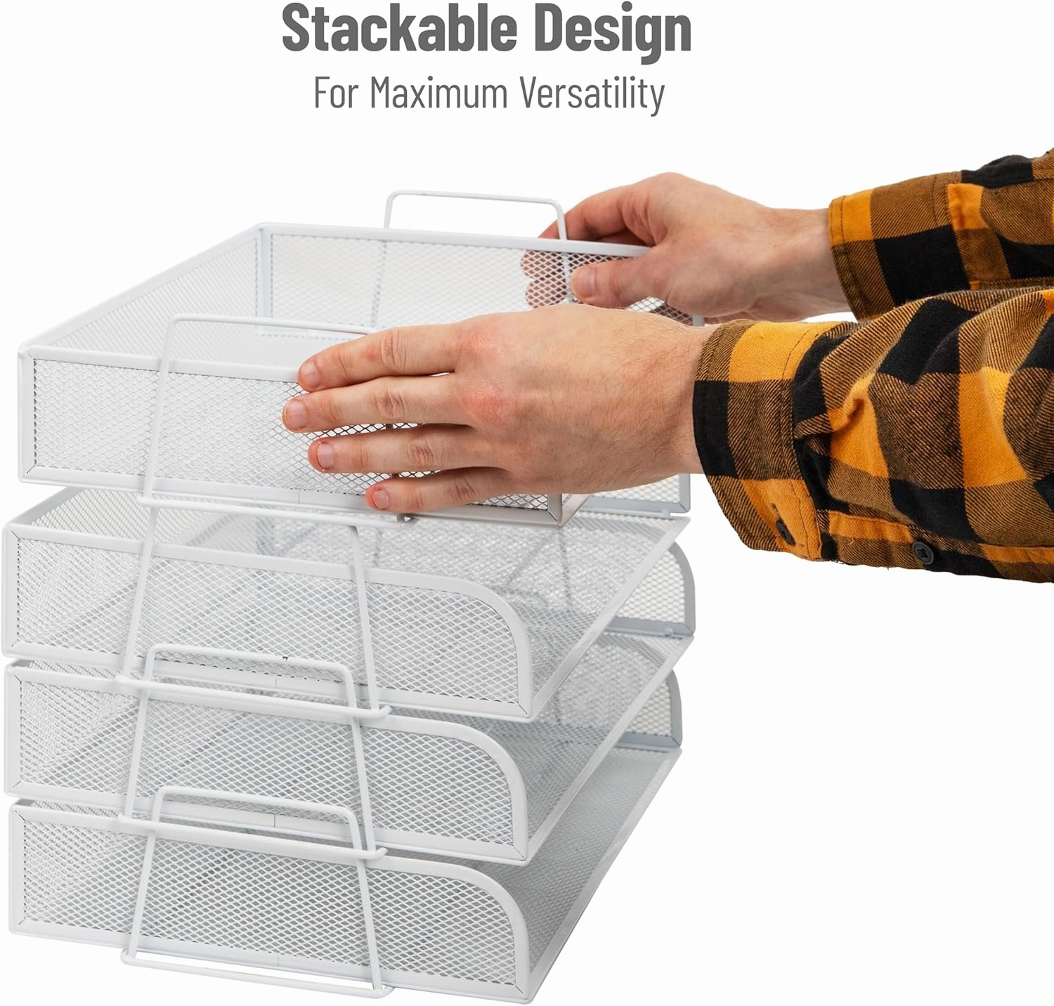 Mind Reader Stackable Paper Tray, Desktop Organizer, File Storage, Office, Metal Mesh, 14" L x 9.75" W x 11.25" H, 4 Pcs., White