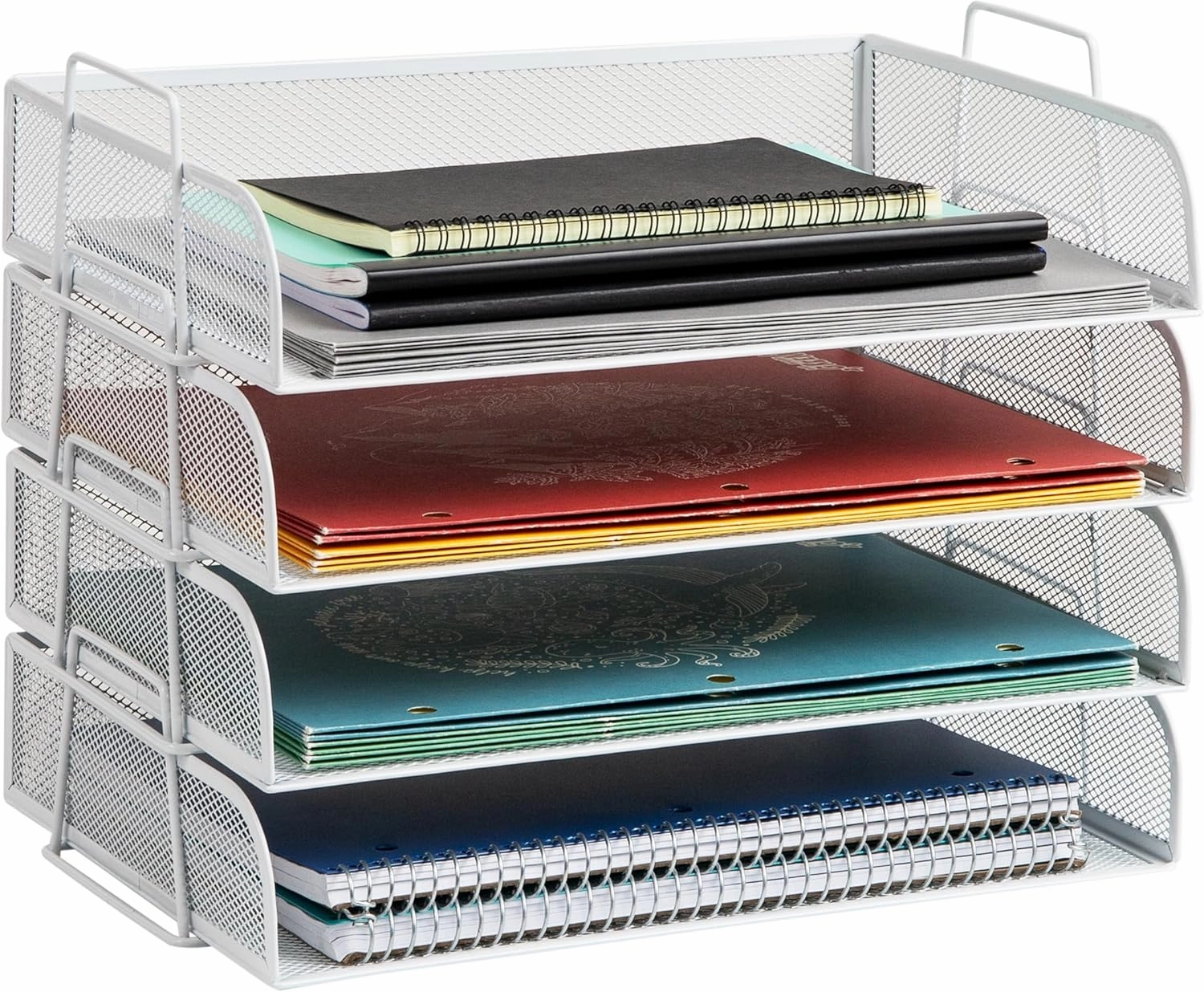 Mind Reader Stackable Paper Tray, Desktop Organizer, File Storage, Office, Metal Mesh, 14" L x 9.75" W x 11.25" H, 4 Pcs., White