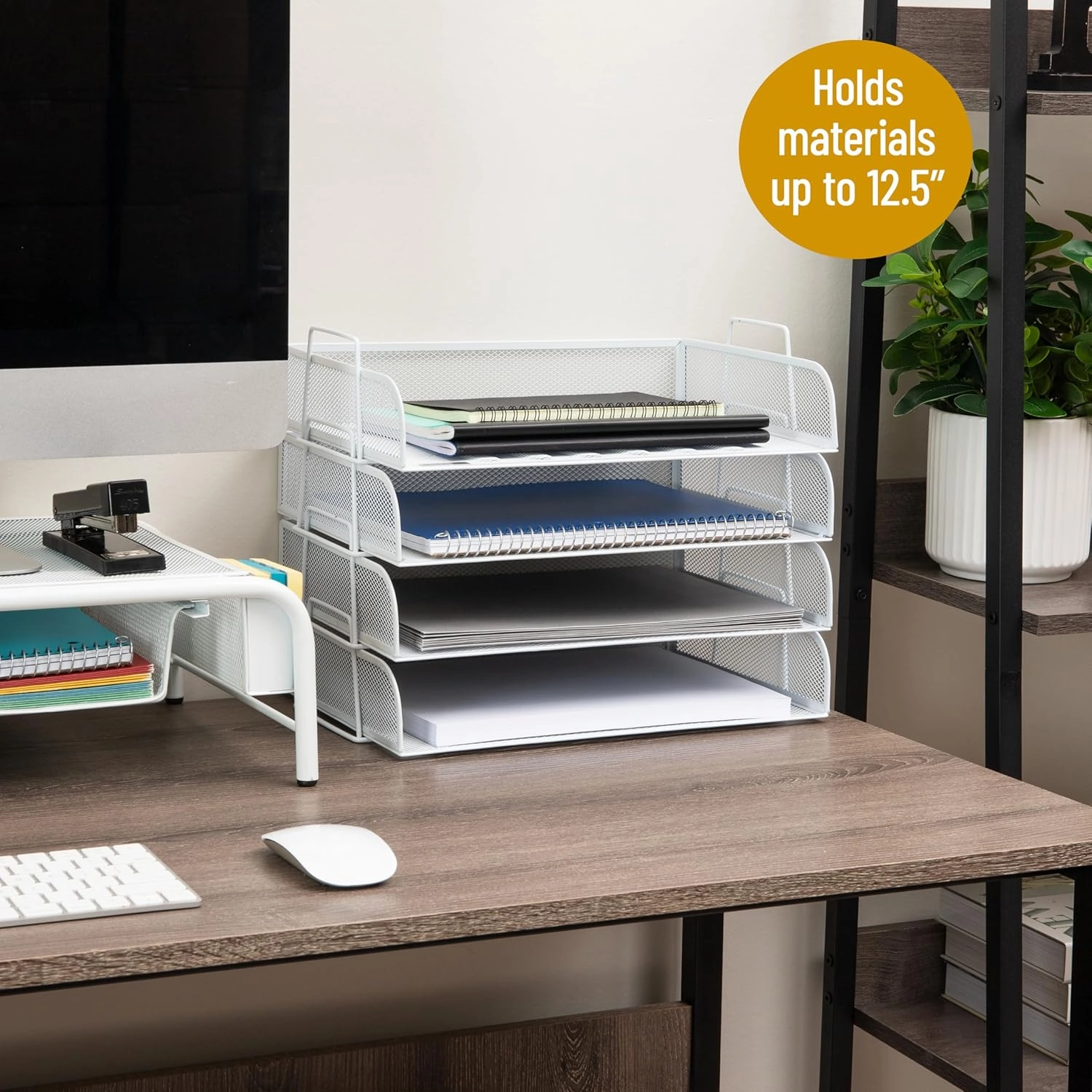 Mind Reader Stackable Paper Tray, Desktop Organizer, File Storage, Office, Metal Mesh, 14" L x 9.75" W x 11.25" H, 4 Pcs., White