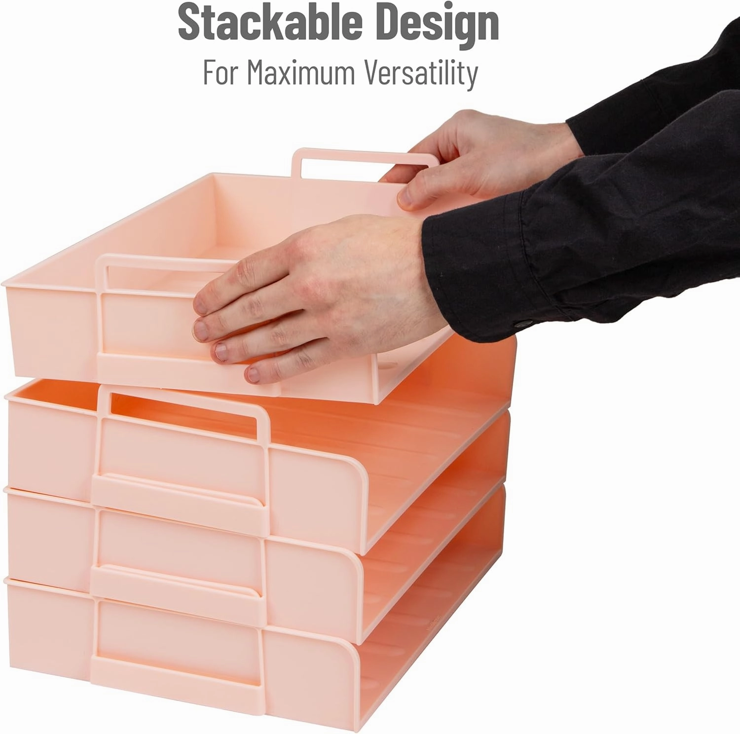 Mind Reader Stackable Paper Tray, Desktop Organizer, File Storage, Office, Plastic, 13.75" L x 10" W x 10.75" H, 4 Pcs., Pink