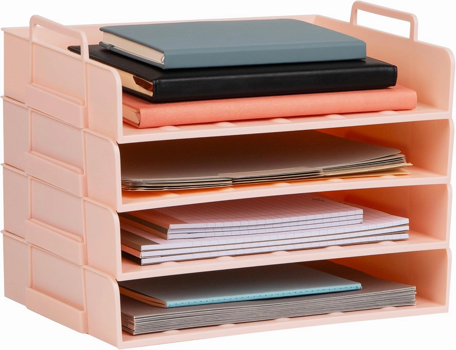 Mind Reader Stackable Paper Tray, Desktop Organizer, File Storage, Office, Plastic, 13.75" L x 10" W x 10.75" H, 4 Pcs., Pink