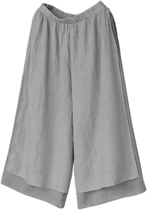 Minibee Women's Wide Leg Pants Loose Layer Capris Palazzo Elastic Waist Trousers