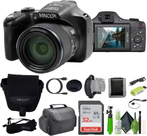 MINOLTA MN67Z 20 MP / 1080P FHD Bridge Digital Camera w/67x Optical Zoom (Black) Bundle with 32GB Memory Card   Camara Bag   Cleaning Kit   Vlogging Tripod   Accessories