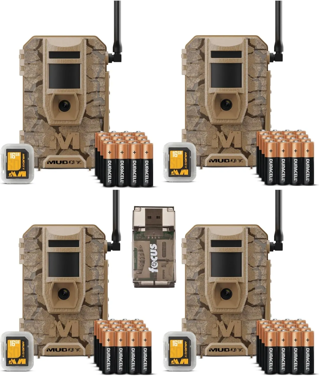 Mitigator 2.0 24MP Cellular Camera Combo with 720p Video and Versatile Mounting (Brown, 4-Pack) Bundle with All-in-One High Speed Card Reader (5 Items)