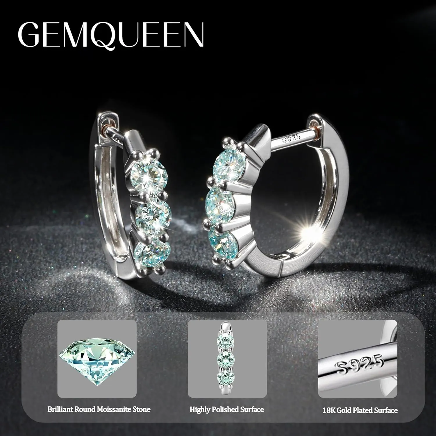 Moissanite Earrings Hoops : 18K White Gold Plated 925 Sterling Silver Earrings Hypoallergenic Small Gold Huggie Hoop Earrings for Women Men Round Cut Multicolor VVS1