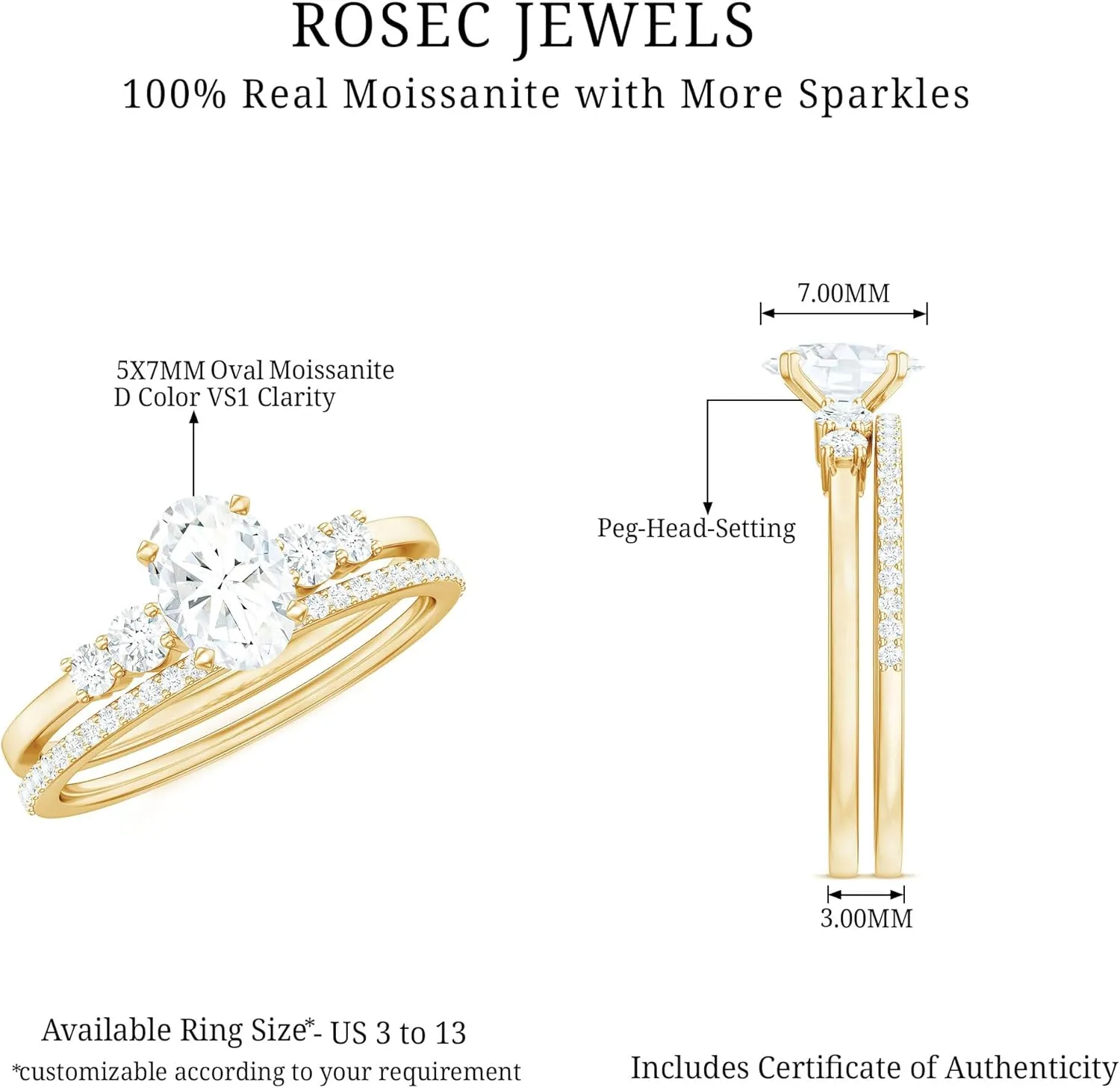 Moissanite Solitaire Ring Set with Stackable Band, 5X7 MM Oval, 1 Carat, Engagement Wedding Ring