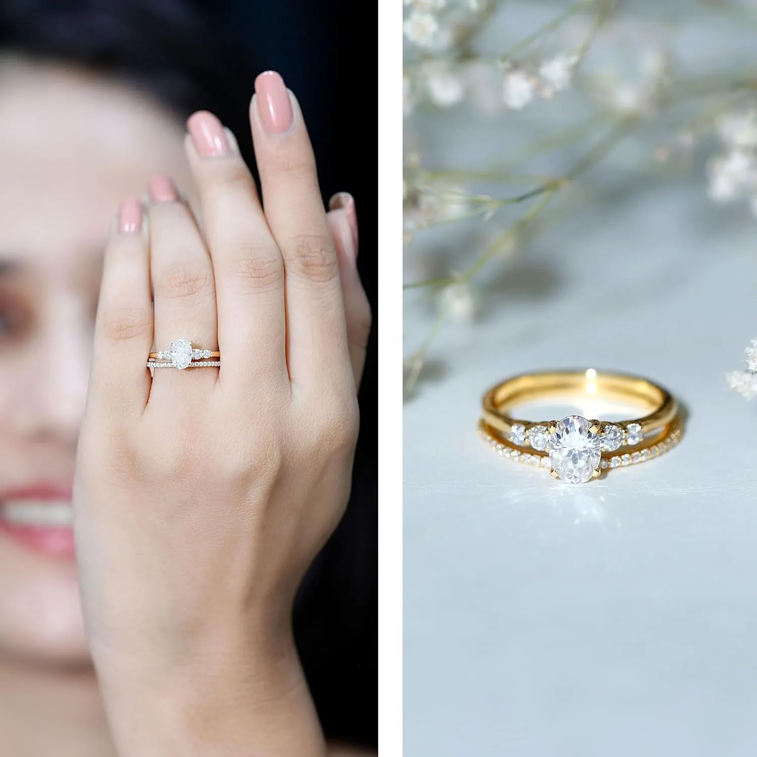 Moissanite Solitaire Ring Set with Stackable Band, 5X7 MM Oval, 1 Carat, Engagement Wedding Ring
