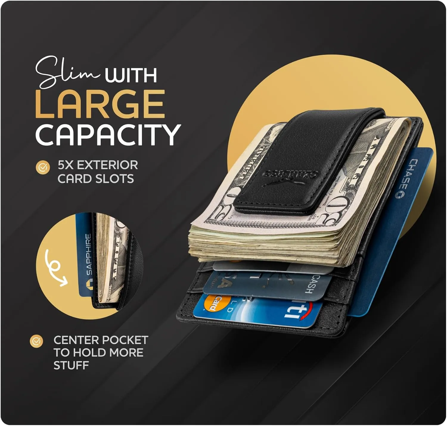 Money Clip Leather Wallet For Men Slim Front Pocket RFID Blocking with Super Strong Magnetic
