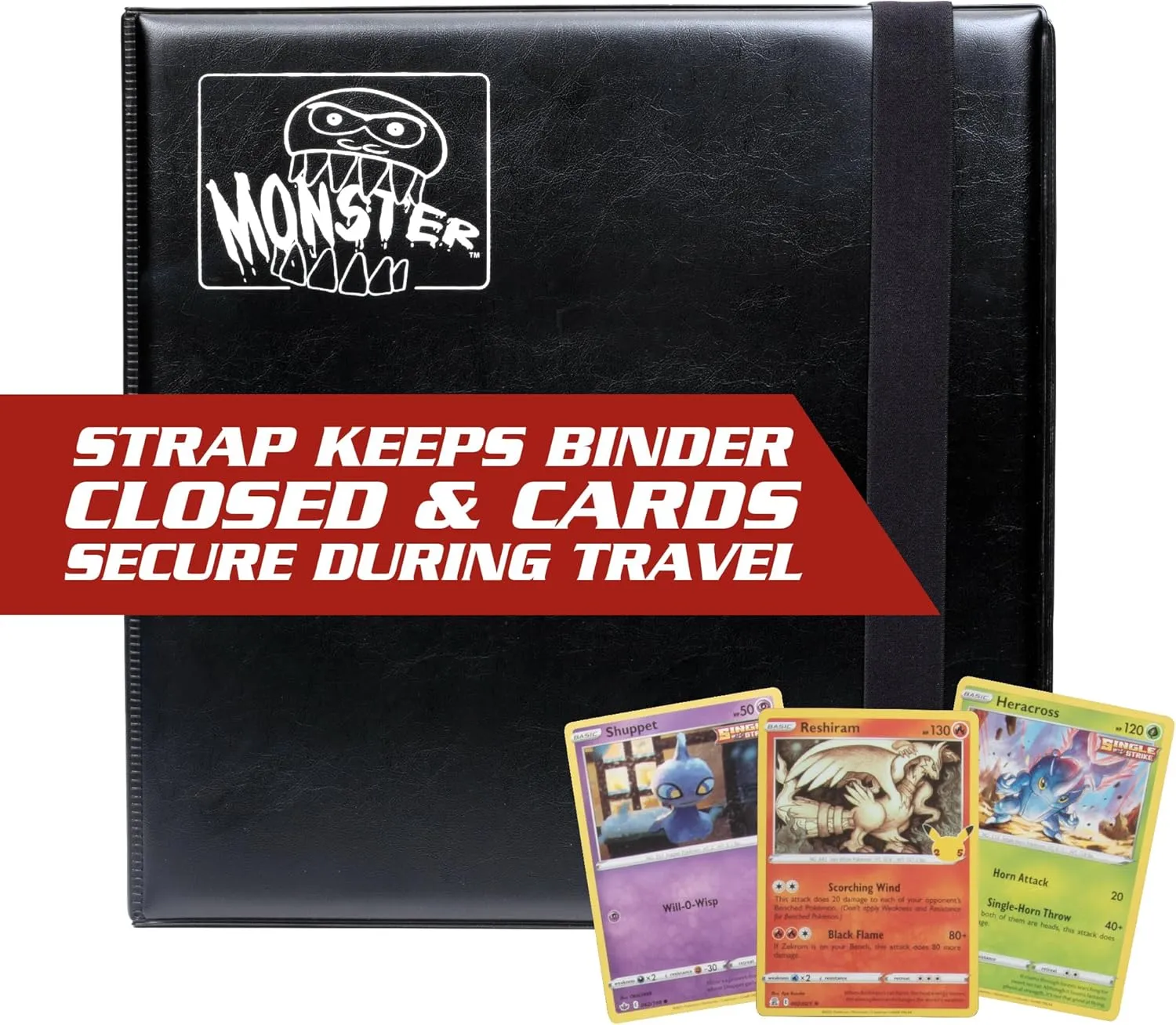 Monster 12 Pocket (4x3) Trading Card Binder - Matte Black Album - Unique Anti-Theft Side-Loading Pages & Anti-Drop TCG Padded Protection w Elastic Strap Holds 480 Sports, Gaming, MTG Magic TCG Cards