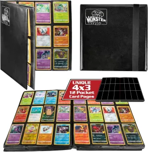 Monster 12 Pocket (4x3) Trading Card Binder - Matte Black Album - Unique Anti-Theft Side-Loading Pages & Anti-Drop TCG Padded Protection w Elastic Strap Holds 480 Sports, Gaming, MTG Magic TCG Cards