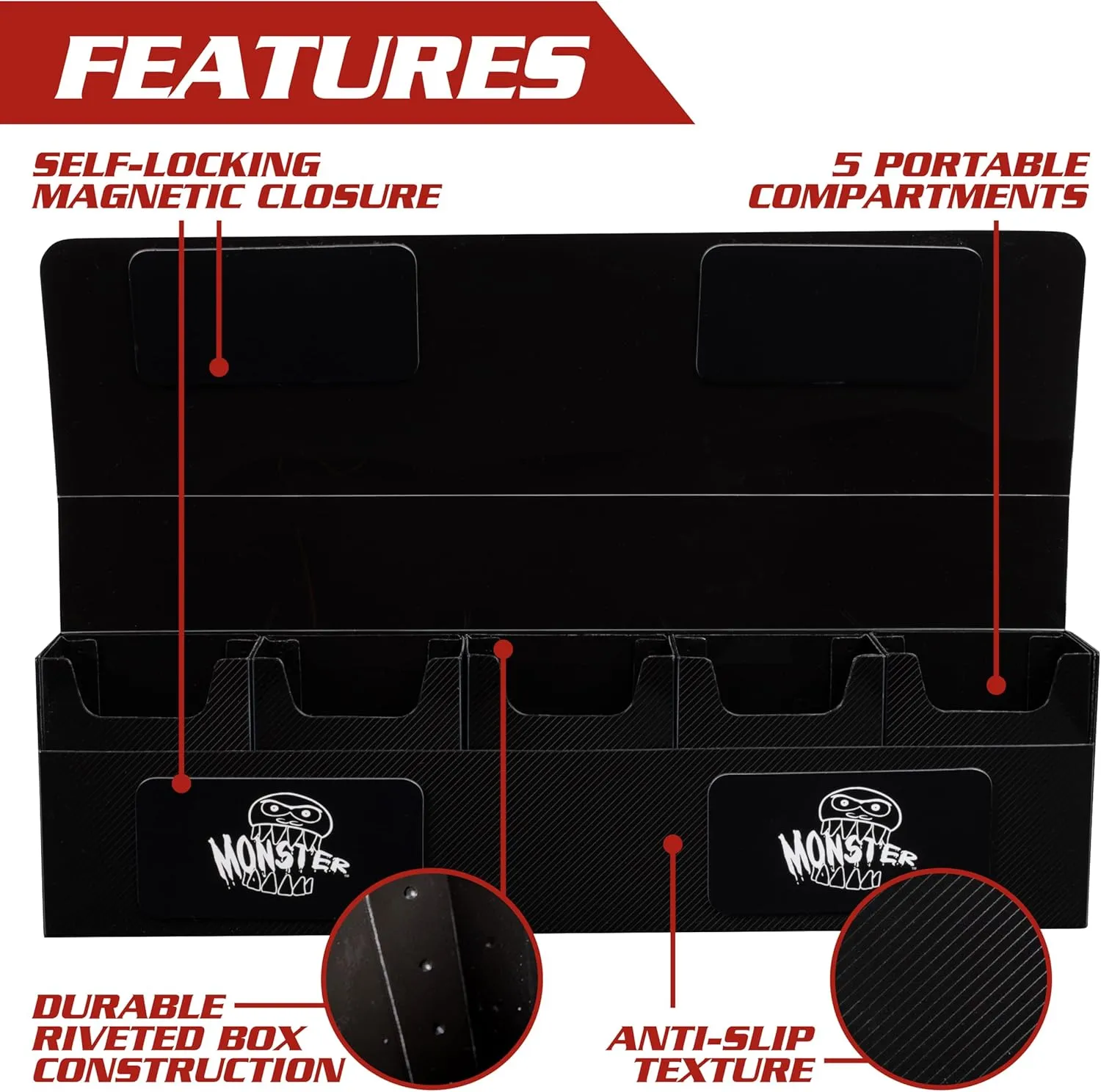 Monster Protectors Magnetic Five Deck Box - Black, Holds 375 Gaming TCGs, Self-Locking Closure, Compatible w Standard & Smaller Size Gaming Trading Cards, Removable Construction