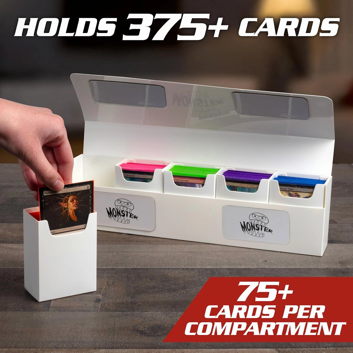 Monster Protectors Magnetic Five Deck Box - White, Holds 375 Gaming TCGs, Self-Locking Closure, Compatible w Standard & Smaller Size Gaming Trading Cards, Removable Construction