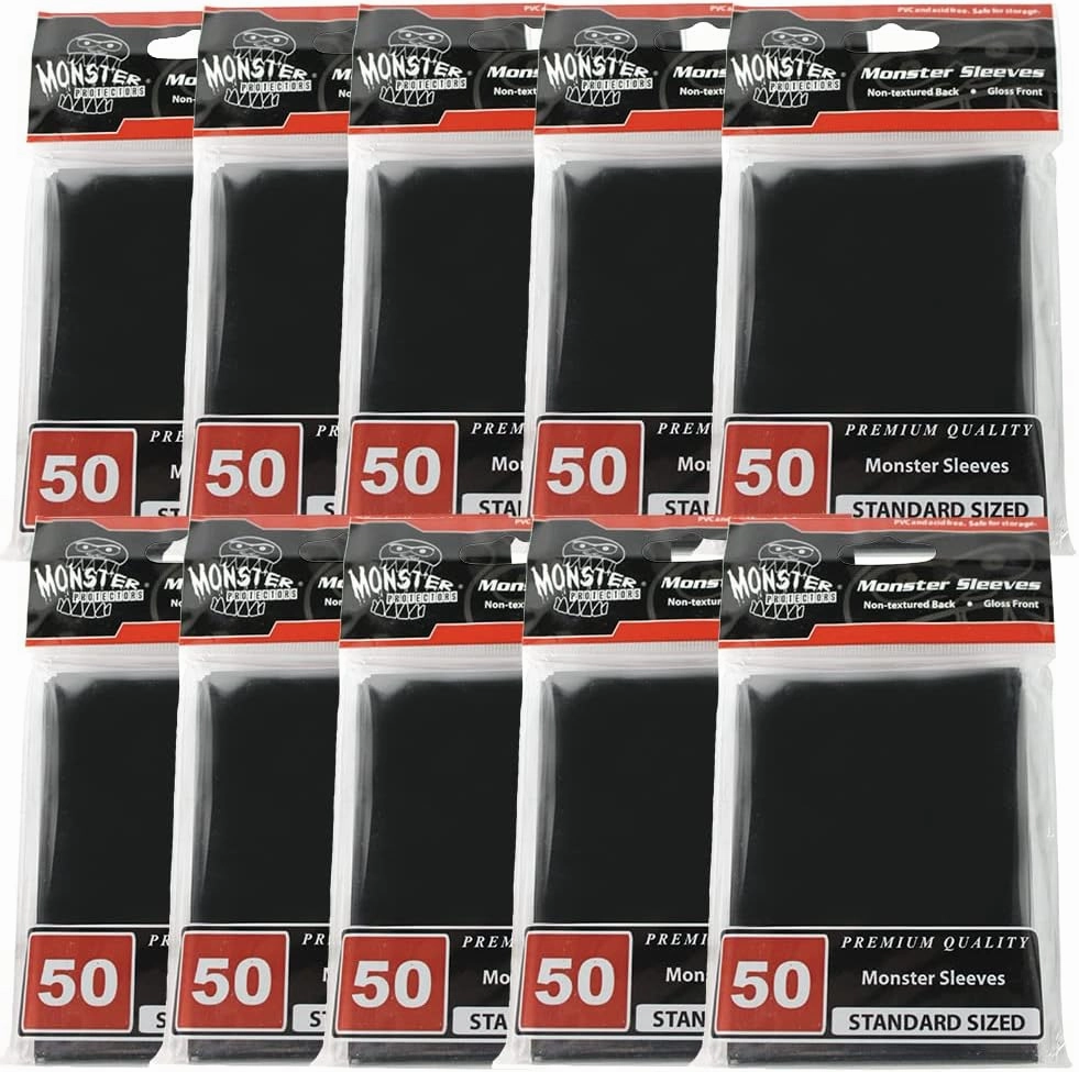 Monster Protectors Standard Size Sleeves for TCGs(500pk)- Black Glossy - Compatible w/Magic The Gathering, Yugioh, Pokémon & Other Standard Sized Gaming Cards - Clean, Safe, Secure Storage & Handling