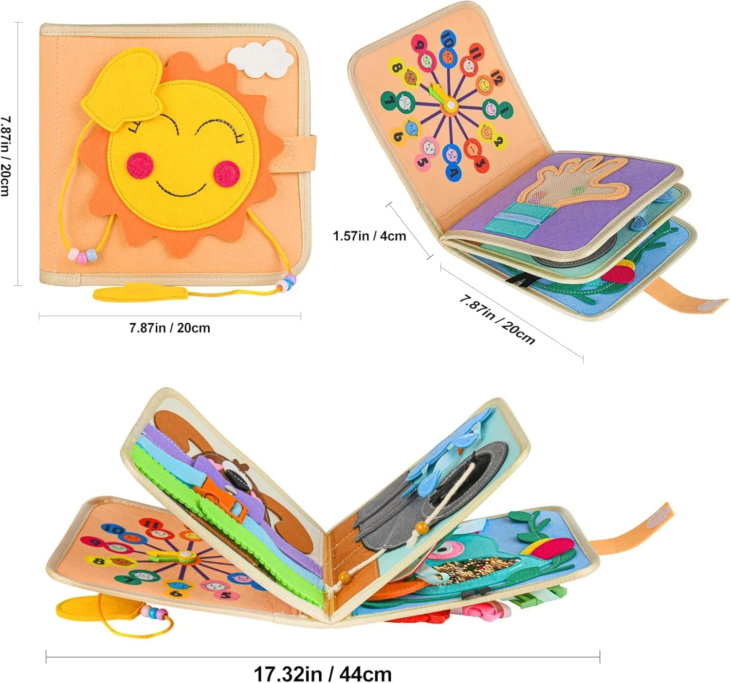 Montessori Busy Book for Toddlers Kids DIY Felt Quiet Activity Book 3D Activities Cloth Story Book Preschool Learning Education Toys-Quiet Activity Book with Life Skills, Cognition, Sorting (Sun)