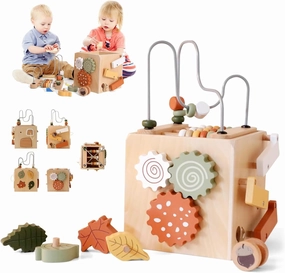 Montessori Baby Activity Cube for Toddlers: Large 5-in-1 Wooden Activity Center with Shape Sorter Bead Maze, Educational Abacus Learning Toy for Kids, Sorting & Stacking Board for Boys Girls