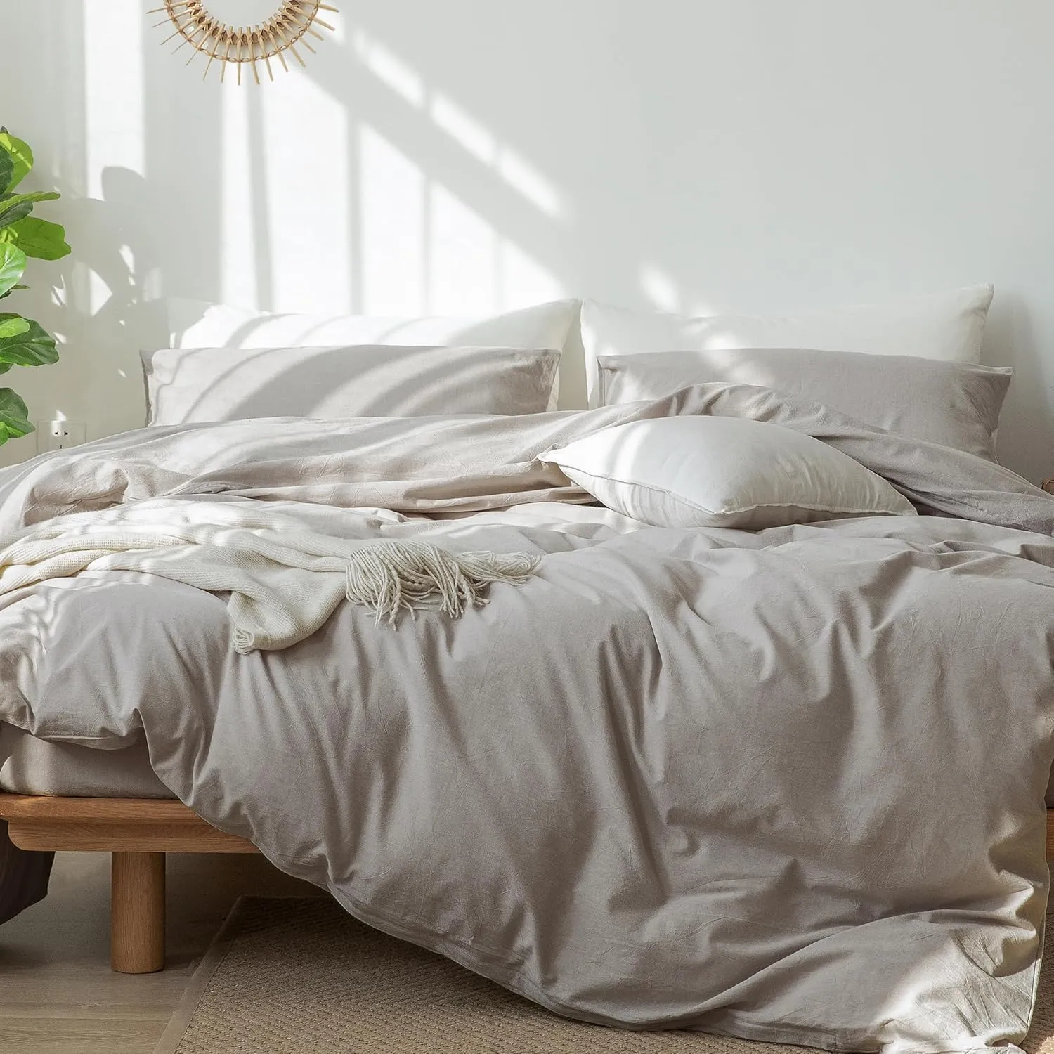 MooMee Bedding Duvet Cover Set 100% Washed Cotton Linen Like Textured Breathable Durable Soft Comfy (Heathered Brownish Grey, King 104"x90")