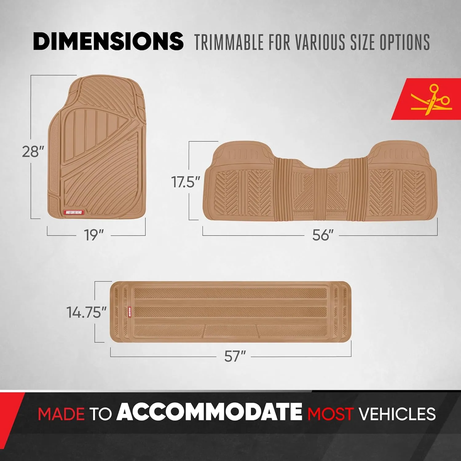 Motor Trend 3-Row Heavy Duty Rubber Floor Mats & Liners for Car SUV Van, Front 2nd & 3rd Row Durable Polymerized Latex Full Interior Protection, Extra-High Ridgeline Design, Beige