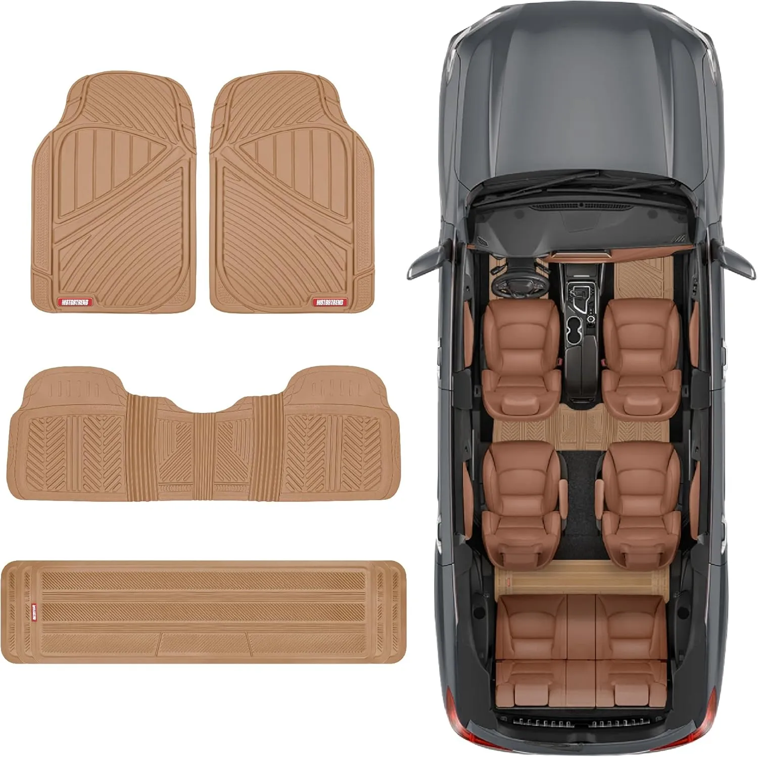 Motor Trend 3-Row Heavy Duty Rubber Floor Mats & Liners for Car SUV Van, Front 2nd & 3rd Row Durable Polymerized Latex Full Interior Protection, Extra-High Ridgeline Design, Beige