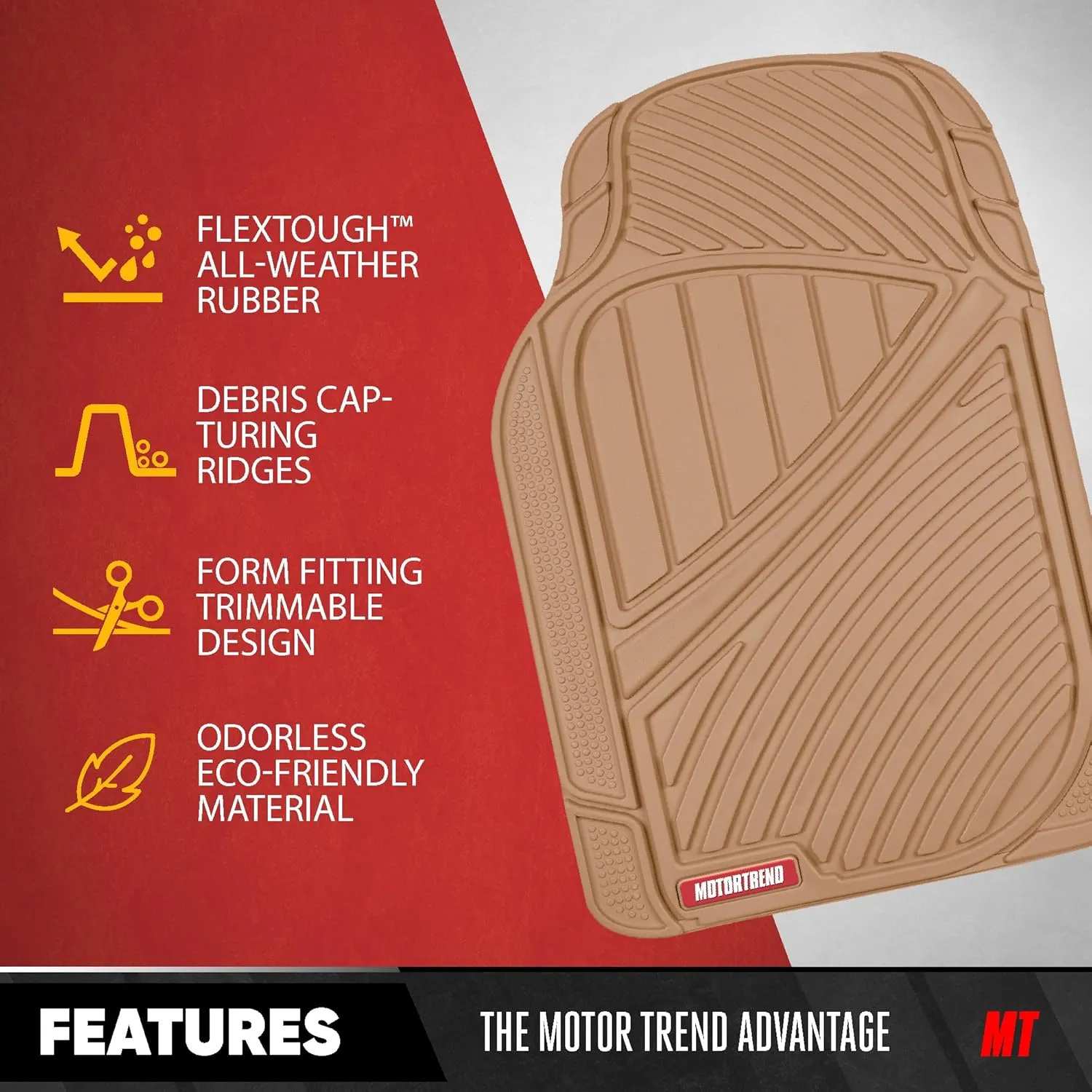 Motor Trend 3-Row Heavy Duty Rubber Floor Mats & Liners for Car SUV Van, Front 2nd & 3rd Row Durable Polymerized Latex Full Interior Protection, Extra-High Ridgeline Design, Beige