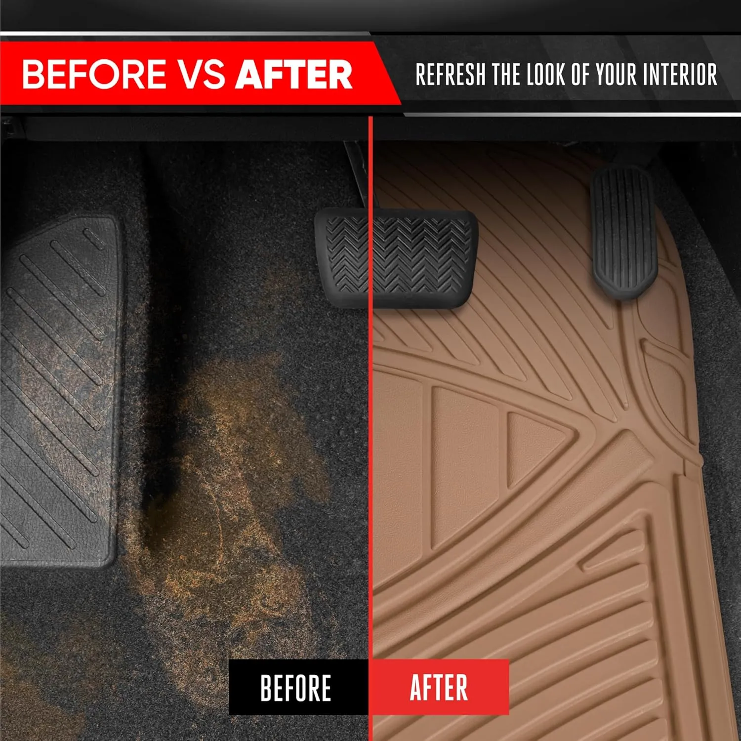 Motor Trend 3-Row Heavy Duty Rubber Floor Mats & Liners for Car SUV Van, Front 2nd & 3rd Row Durable Polymerized Latex Full Interior Protection, Extra-High Ridgeline Design, Beige