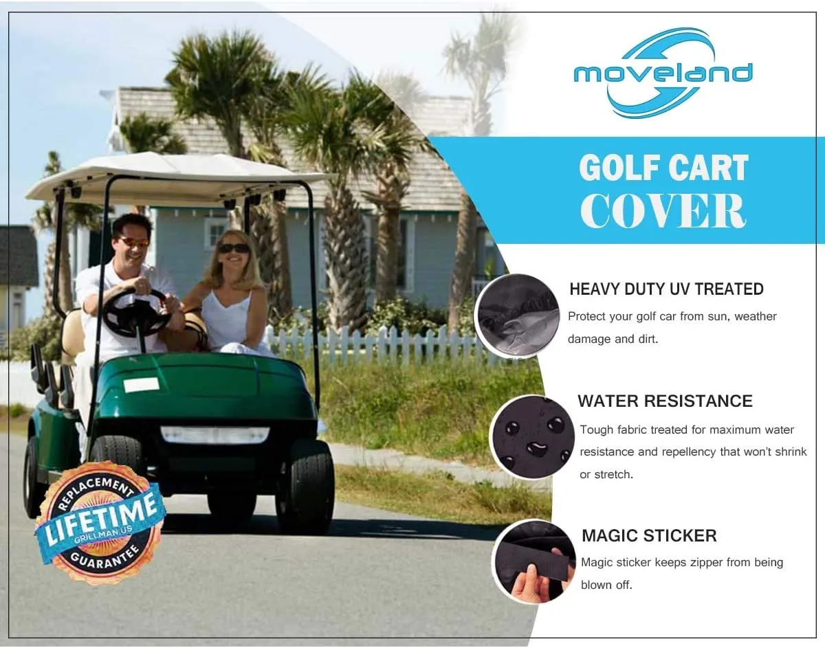 Moveland Waterproof Dust Golf Cart Cover Outdoor Accessories, Extra PVC Coating 2 Passenger Custom Cart Cover Compatible with EZ GO, Club Car, Yamaha(Black)