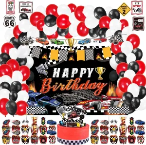 Mpanwen Race Car Birthday Party Supplies, 142 Pcs Racecar Racing Party Decorations for Boys Baby - Backdrop, Banner, Cake, and Cupcake Toppers, Balloons, Cupcakes Wrappers, Party Traffic Signs, Flags
