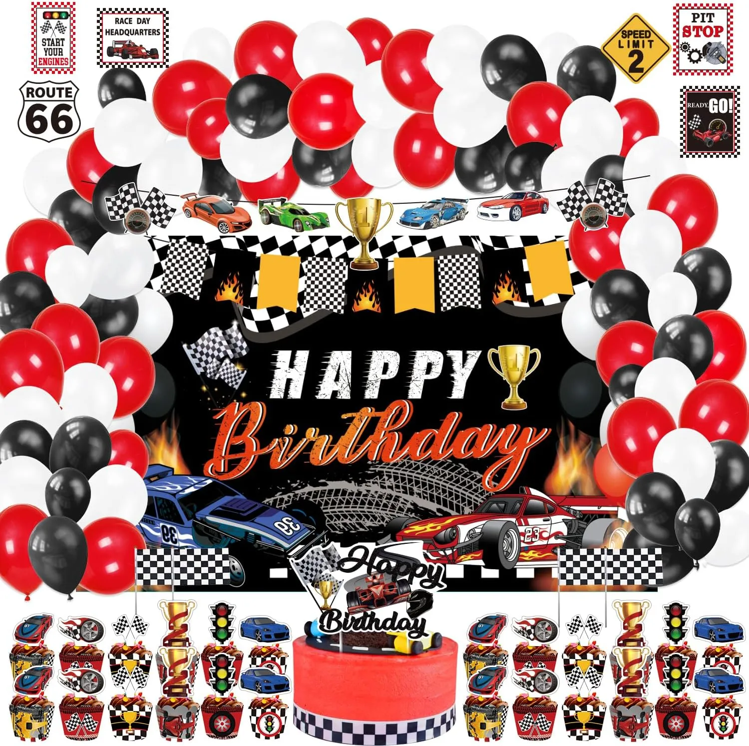Mpanwen Race Car Birthday Party Supplies, 142 Pcs Racecar Racing Party Decorations for Boys Baby - Backdrop, Banner, Cake, and Cupcake Toppers, Balloons, Cupcakes Wrappers, Party Traffic Signs, Flags