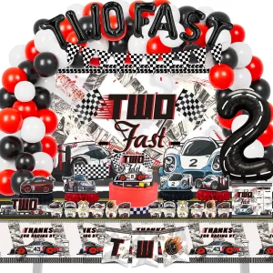 Mpanwen Two Fast Birthday Decorations for Boys, 153 Pcs Race Car Birthday Party Supplies - Backdrop, Toppers, Cupcakes Wrappers, Tablecloth, Flags, Centerpiece, Highchair Nanner, Crown and Poster