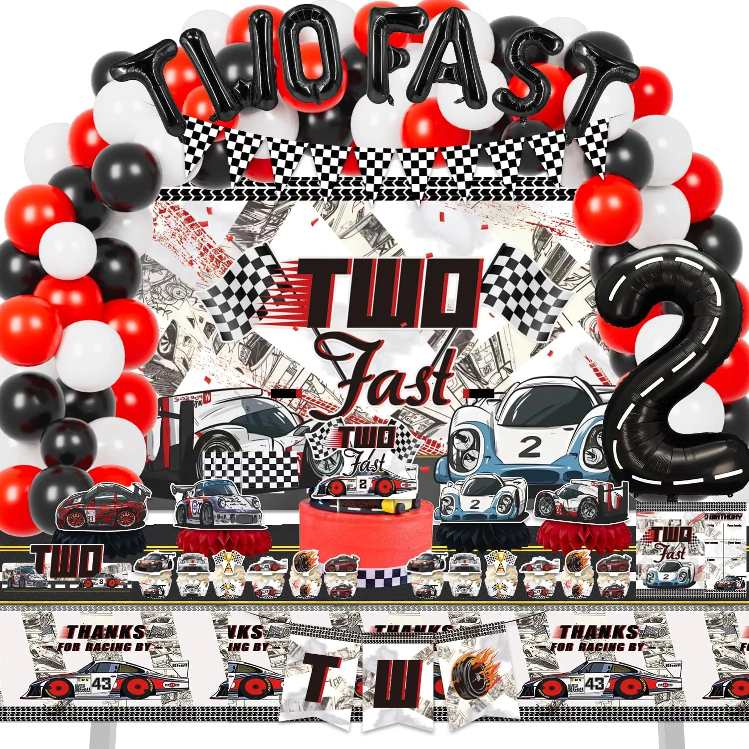 Mpanwen Two Fast Birthday Decorations for Boys, 153 Pcs Race Car Birthday Party Supplies - Backdrop, Toppers, Cupcakes Wrappers, Tablecloth, Flags, Centerpiece, Highchair Nanner, Crown and Poster