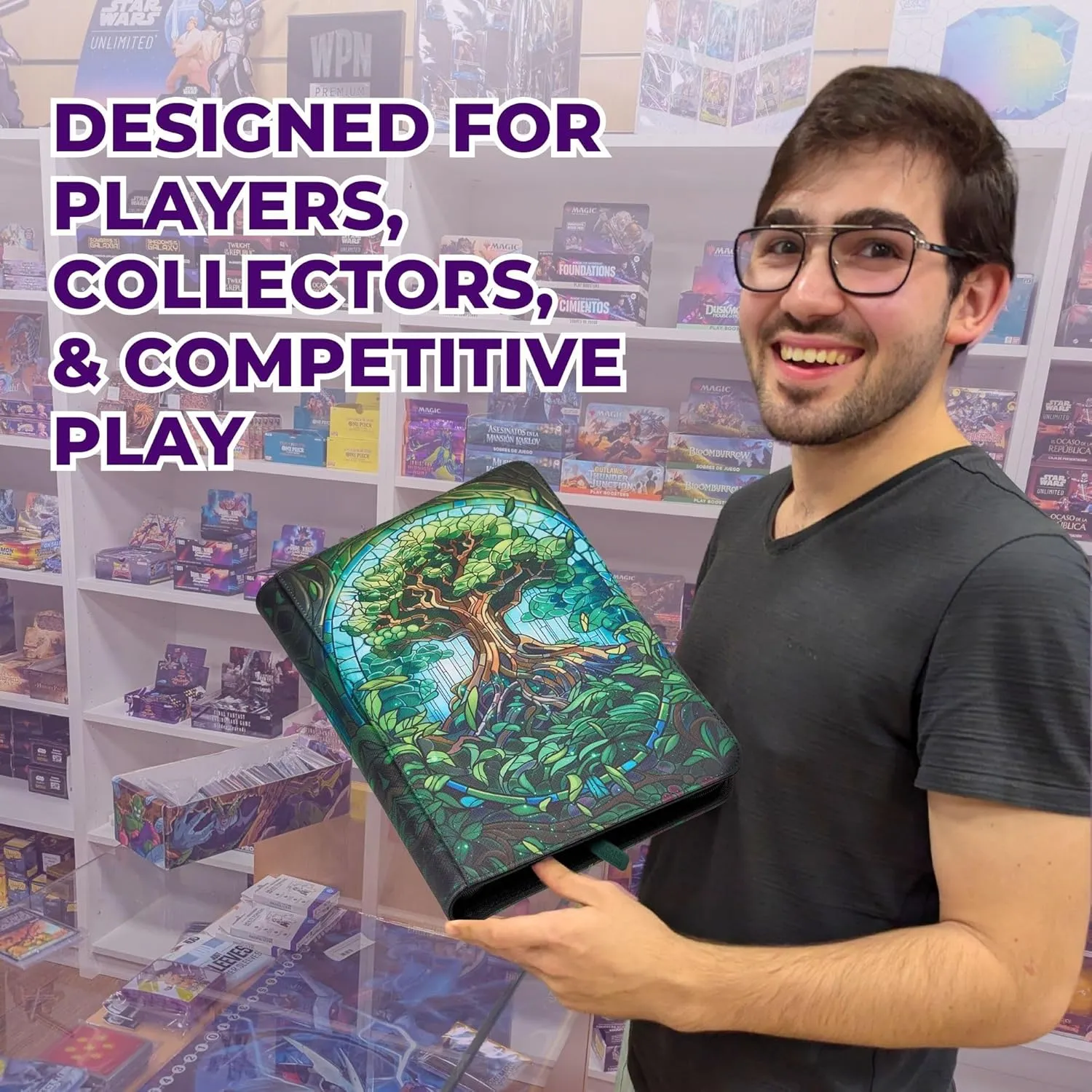 MTG Card Binder, 9-Pocket Magic Card Album, Holds 360 Cards, Leather Side -Loading Card Storage Binder, Premium Card Collector Book for TCG Players (Mythical Forest)
