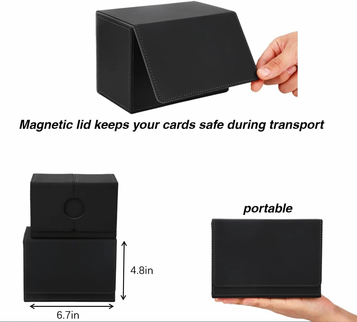 MTG Deck Box for Commander Display with Dice Tray, Double Deck Case Fits 160 Double Sleeved/200 Single Sleeved Trading Cards, TCG Storage Box with 2 Dividers and 1 Magnetic Card Holder (Black＆Grey)