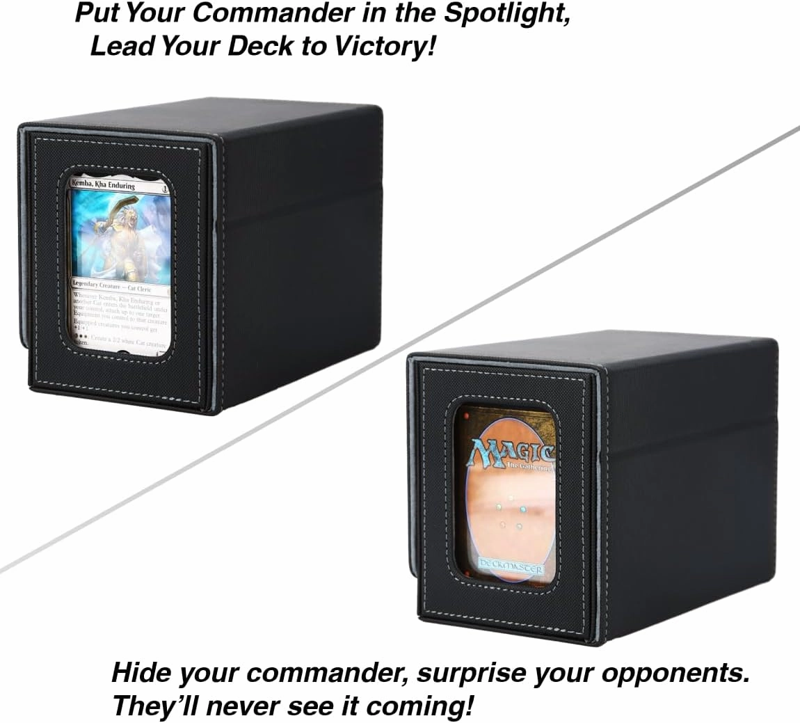 MTG Deck Box for Commander Display with Dice Tray, Double Deck Case Fits 160 Double Sleeved/200 Single Sleeved Trading Cards, TCG Storage Box with 2 Dividers and 1 Magnetic Card Holder (Black＆Grey)
