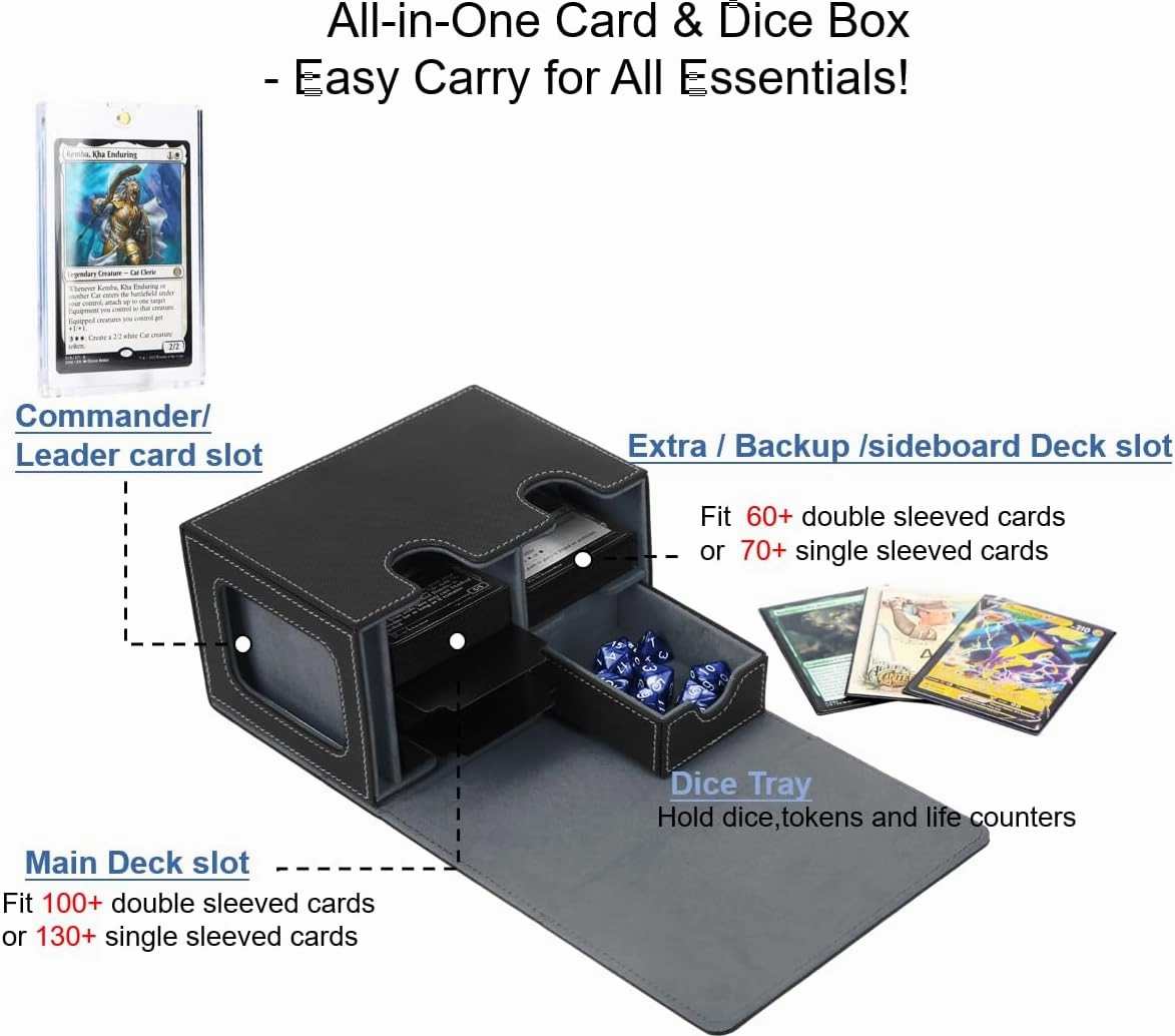 MTG Deck Box for Commander Display with Dice Tray, Double Deck Case Fits 160 Double Sleeved/200 Single Sleeved Trading Cards, TCG Storage Box with 2 Dividers and 1 Magnetic Card Holder (Black＆Grey)