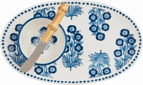 Mud Pie Block Print tray 6 11 tidbit 2" x 3 3/4" dia | spreader 5 1/4", Blue