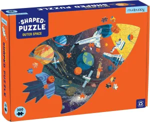 Mudpuppy Outer Space Shaped Scene Puzzle, 300 Pieces, 23”x16” – Ages 7  - Features a Colorful Scene of Planets, Satellites, Stars and More – Finished Puzzle in The Shape of a Spaceship