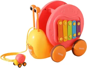 Multifunctional Pull and Go Snail Toy, Fun Xylophone Toy for Babies, Snail Spinning Gears Toy, Detachable Snail Toy with Functiona of Ejecting Little Snail for Toddlers (Pink)