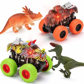 MÖBIUS Monster Truck Toy Set - 2 Dinosaur Trucks   2 Realistic Toy Dinosaurs - Red Lights & Roaring Sounds - Mobius Friction Powered Push & Go Playset Up to 100-Ft for Boys and Girls 3-8 Years Old