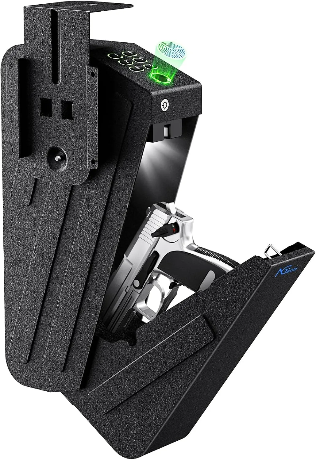 NGTeco Gun Safe, Biometric Gun Safes for Handgun, Hidden Pistol Safe with Fingerprint, Passcode, Key - Secure Steel Construction Drop Down Mounted Safe for Bedside, Desk, Nightstand, Car