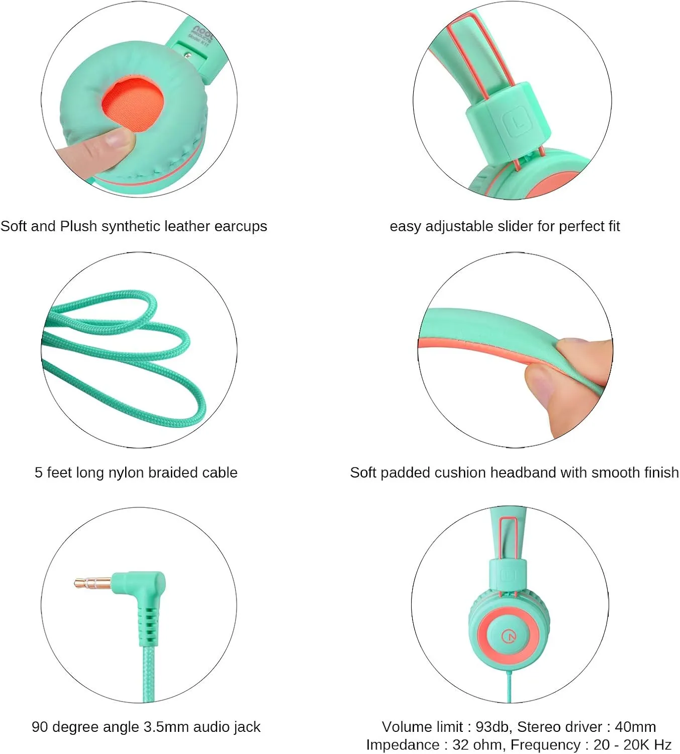 noot products Kids Headphones K11 Foldable Stereo Tangle-Free 5ft Long Cord 3.5mm Jack Plug in Wired On-Ear Headset for iPad/Amazon Kindle,Fire/Boys/Girls/School/Tablet/Laptop(Mint/Coral)