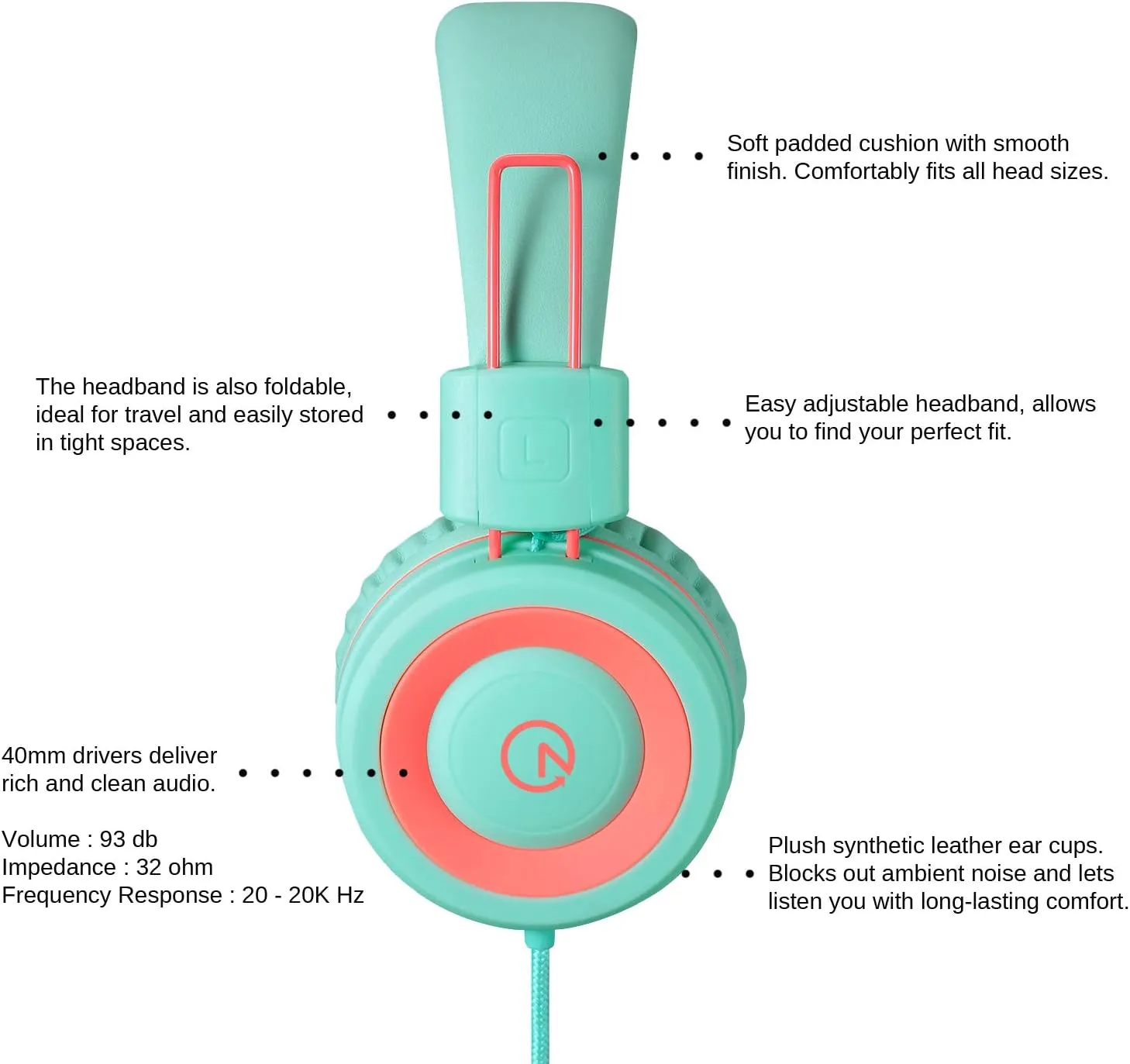 noot products Kids Headphones K11 Foldable Stereo Tangle-Free 5ft Long Cord 3.5mm Jack Plug in Wired On-Ear Headset for iPad/Amazon Kindle,Fire/Boys/Girls/School/Tablet/Laptop(Mint/Coral)