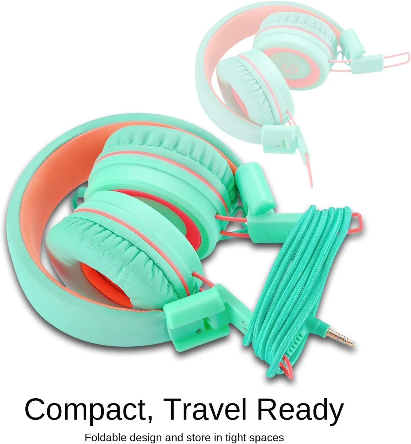 noot products Kids Headphones K11 Foldable Stereo Tangle-Free 5ft Long Cord 3.5mm Jack Plug in Wired On-Ear Headset for iPad/Amazon Kindle,Fire/Boys/Girls/School/Tablet/Laptop(Mint/Coral)
